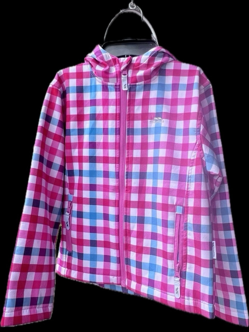 Trespass Pink, Blue & White Plaid Zip Jacket with Hood & Pockets - Picture 7 of 16